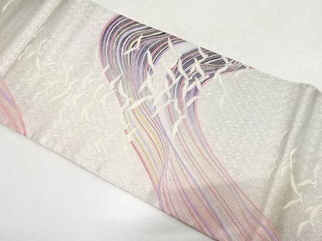 JAPANESE KIMONO / ANTIQUE FUKURO OBI / BIRD PATTERN WOVEN AGAINST A MO
